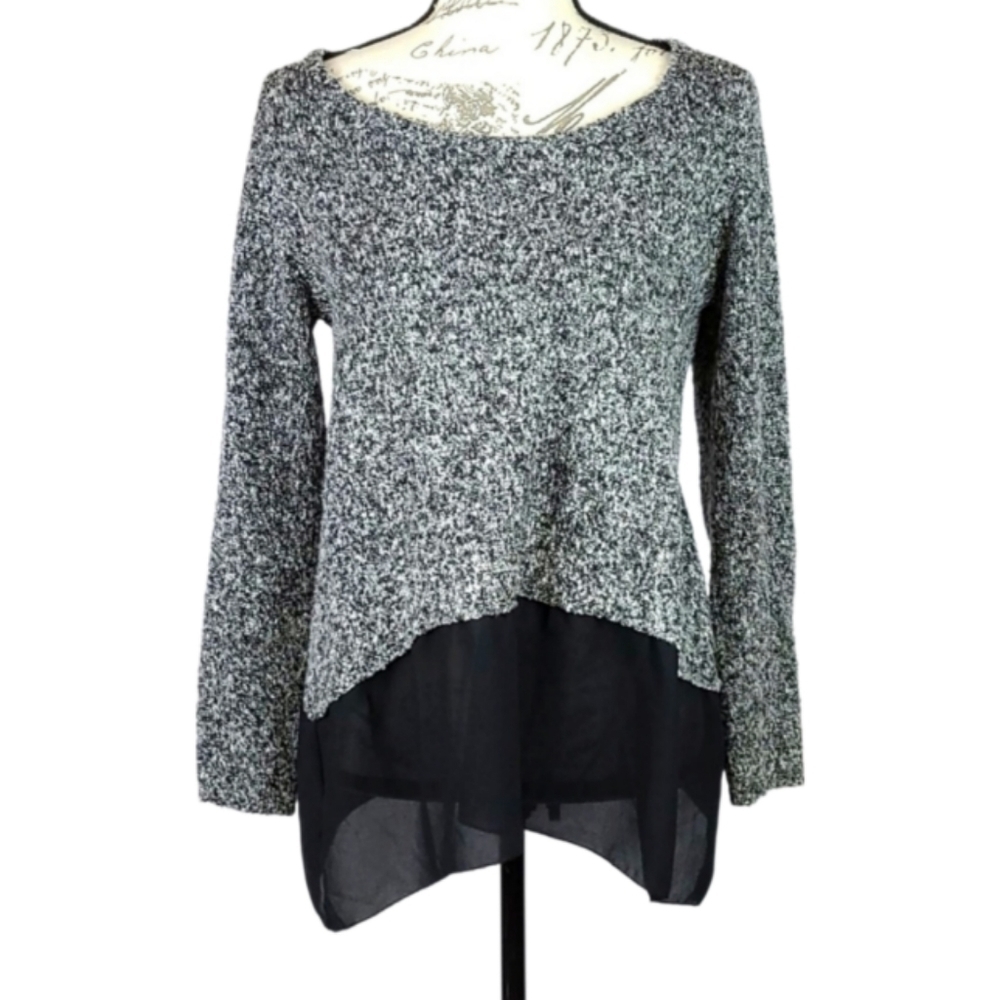 Women's Sweater Gray Marl w/ Black Mesh Trim Tunic Length, Size M